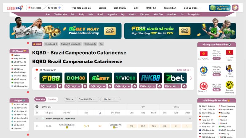 Giao diện xem tỷ số bóng đá giải Brazil Campeonato Catarinense tại KQBD 247